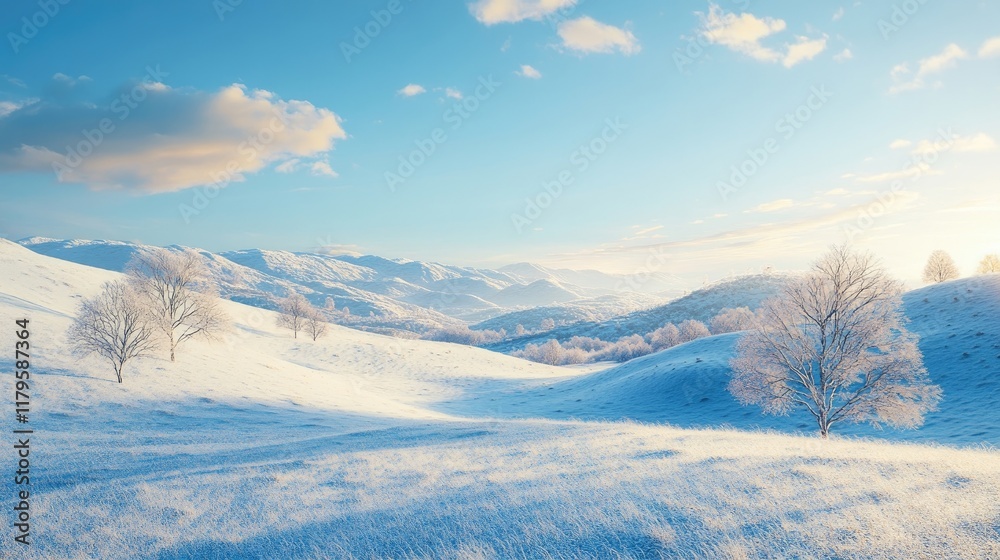 A panoramic view of snow-covered rolling hills, dotted with solitary trees and a clear blue sky. A panoramic view of snow-covered rolling hills, dotted with solitary trees and a clear blue sky.