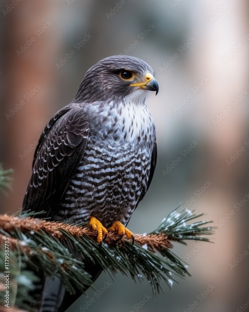 Fototapeta premium Northern Goshawk Perched on Snow-Covered Pine Branch