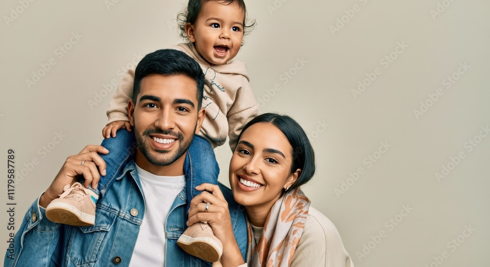 Joyful family portrait of young hispanic parents and child for lifestyle and family happiness themes
