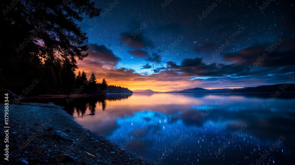 Fototapeta premium Starry Night Lake Reflection