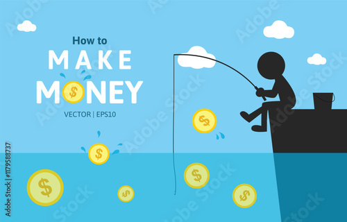 Fisherman is fishing yellow fish in the clear water. fisherman sitting on the cliff. silhouette flat cartoon character design vector illustration.