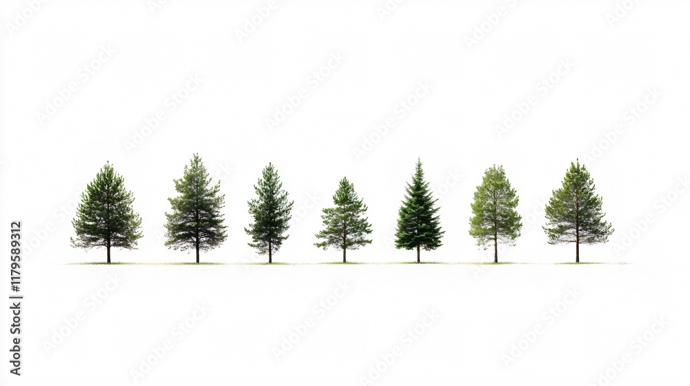 Obraz premium Seven Evergreen Trees Isolated on White: A Minimalist Nature Photograph