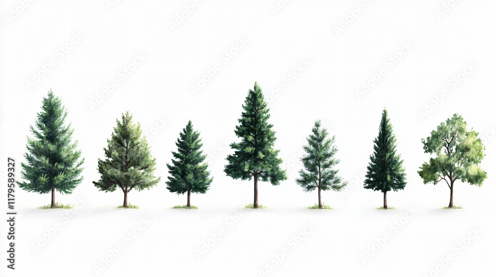 Fototapeta premium Serene Watercolor Evergreen Trees: A Botanical Illustration of Tranquil Forest