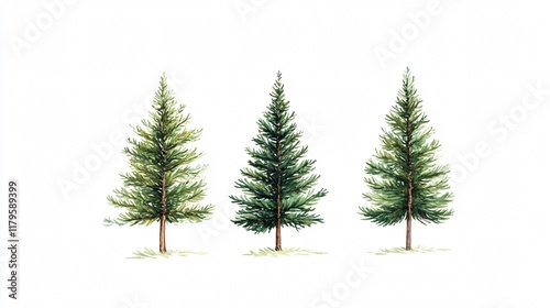Watercolor Painting of Three Pine Trees on a White Background