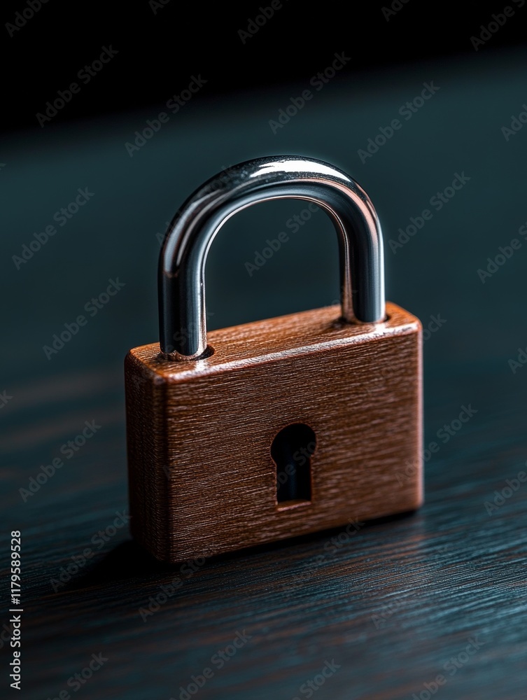 Naklejka premium Padlock on Dark Wooden Surface