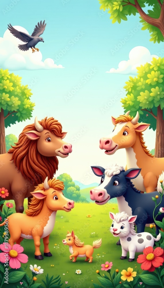 Fototapeta premium colorful illustration of various farm animals , animals, farm animals, sheep