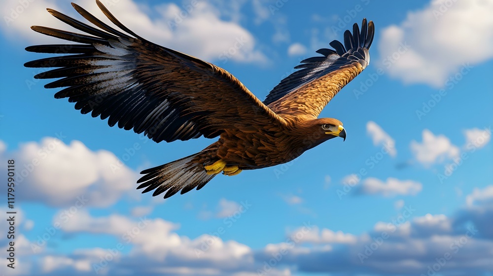 Majestic Eagle in Flight Against a Blue Sky with White Clouds Majestic Eagle in Flight Against a Blue Sky with White Clouds