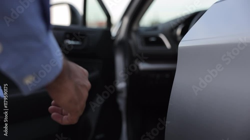 Anonymous man driver in casual wear, holding door handle, getting into car outdoors. Close up of male hand with wrist watch opening car door, ready to go. Concept of travel, car rental, business.