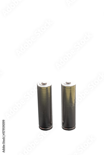 Two silver grey colored AA batteries, also known as penlite or mignon. Isolated on a transparent black background macrophotography close-up  photo