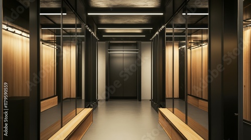 Modern elevator interior with sleek wood and mirrored design.