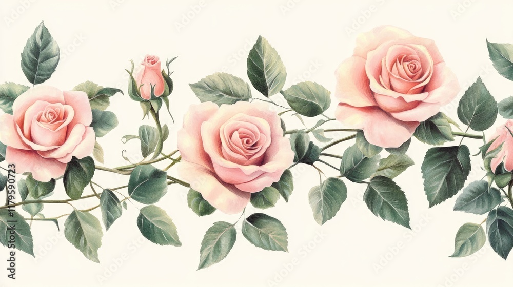 Light pink roses and green leaves on a cream background. Light pink roses and green leaves on a cream background.