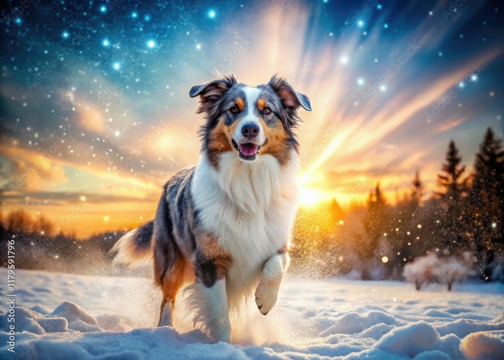 Magical winter wonderland: a surreal Aussie Shepherd, frolicking in fantastical snow. Magical winter wonderland: a surreal Aussie Shepherd, frolicking in fantastical snow.