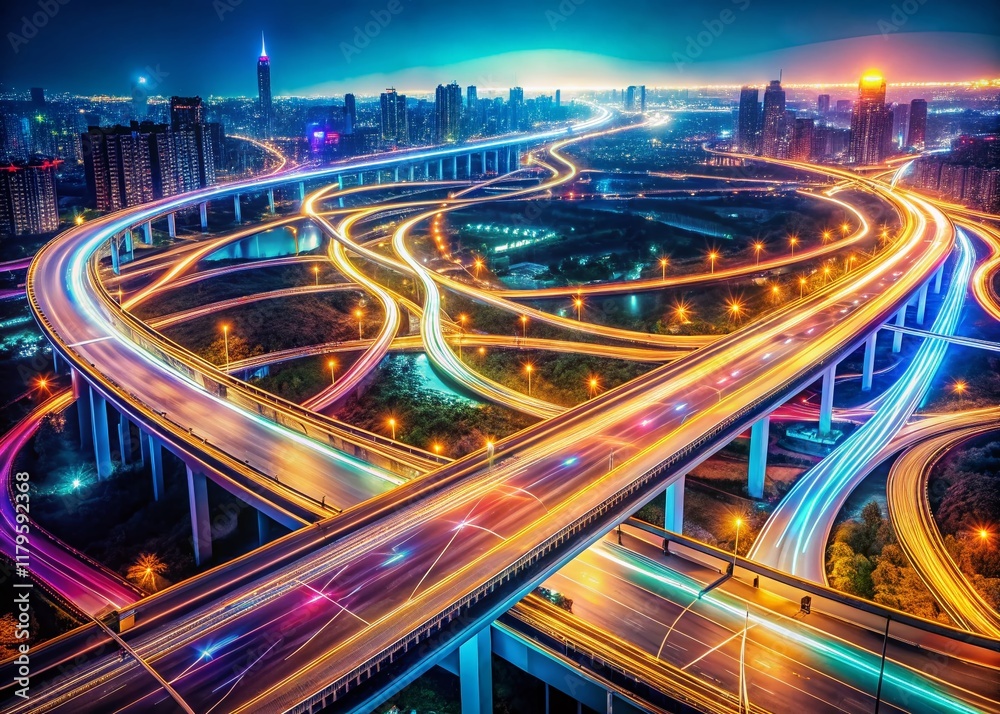 Fototapeta premium Futuristic Aerial View of Digital Highway: Glowing Data Streams & Network Connections