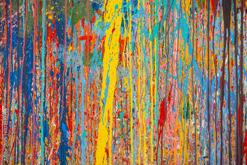 Dynamic abstract art features bold paint splatters and drip painting, creating a textured, vibrant color composition for artistic expression, modern art, and creative splash in designs and posters.