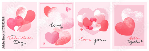 Creative concept of Valentines Day greeting cards. Textured hearts balloons and hand drawn lettering. Invitation, poster, postcard, cover template. Vector illustration