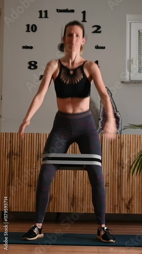 Video of a fit young woman doing squat exercise with elastic band