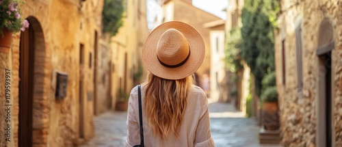 Fototapeta Naklejka Na Ścianę i Meble -  Tourist woman with long hair wearing a straw hat walking through picturesque medieval street in Tuscany Italy featuring vibrant stone buildings and lush greenery