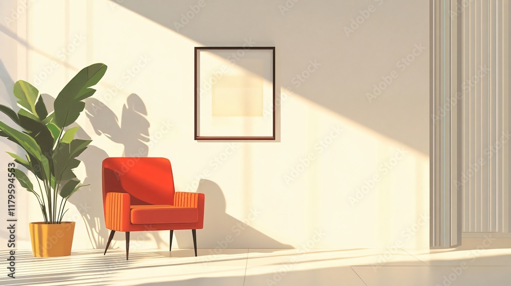 Fototapeta premium Sunlit Minimalist Interior with Red Armchair and Plant