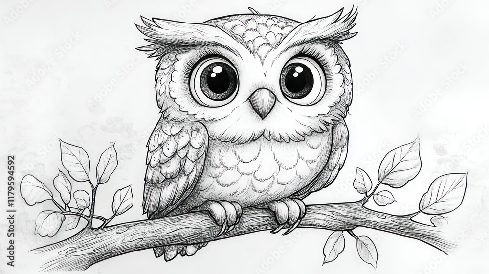 Fototapeta premium Adorable cartoon owl perched on a branch. (3)
