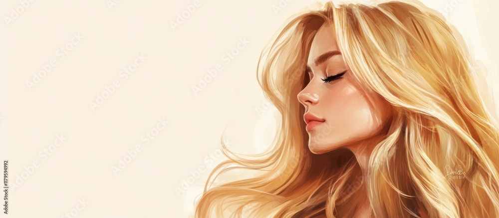 Blonde Woman Portrait with Long Wavy Hair and Soft Cream Background Ideal for Text Insertion in Professional Stock Photography Context Blonde Woman Portrait with Long Wavy Hair and Soft Cream Background Ideal for Text Insertion in Professional Stock Photography Context
