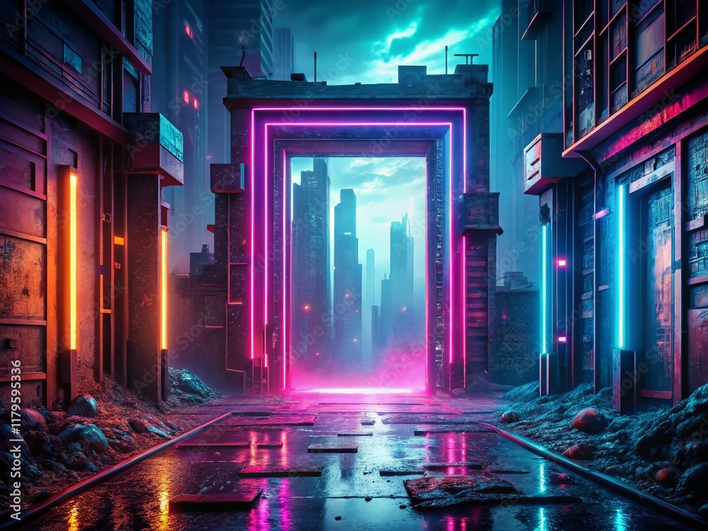 Obraz premium Futuristic Doorway: Cyberpunk Cityscape, Neon Lights, Pixel Art, Quantum Gateway