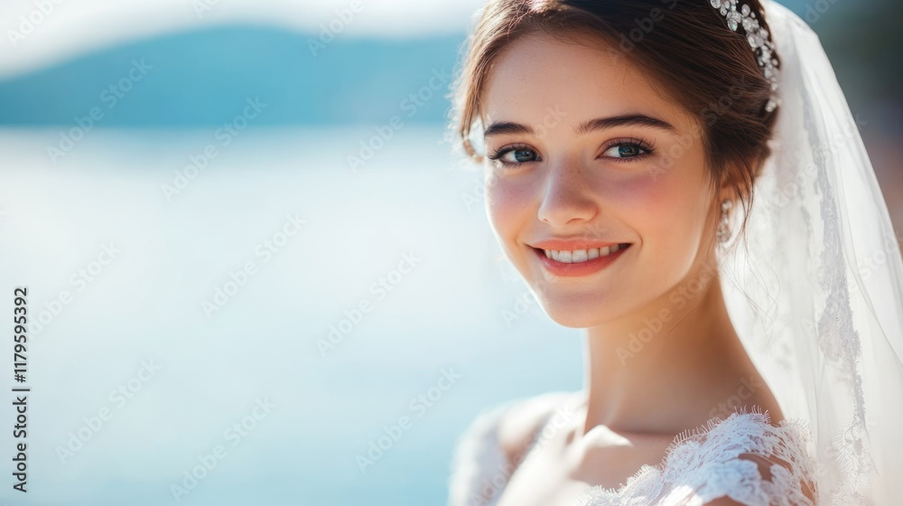 bride in elegant white wedding dress on tranquil seashore smiling against serene blue ocean backdrop with vast copyspace for text bride in elegant white wedding dress on tranquil seashore smiling against serene blue ocean backdrop with vast copyspace for text