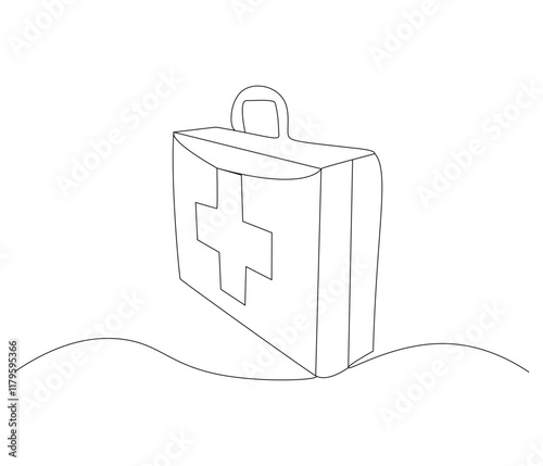 One continuous line drawing of first aid kit box. Single line of first aid kit box vector illustration