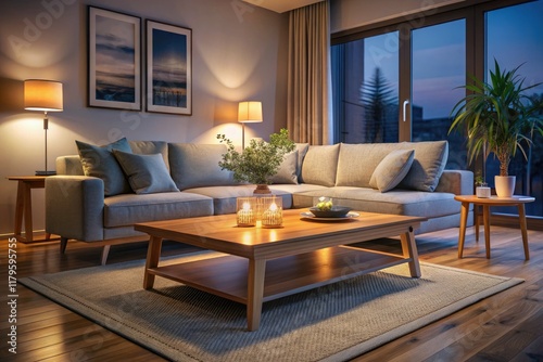 Modern minimalist living room bathed in night light.  Wooden coffee table anchors the cozy interior. photo