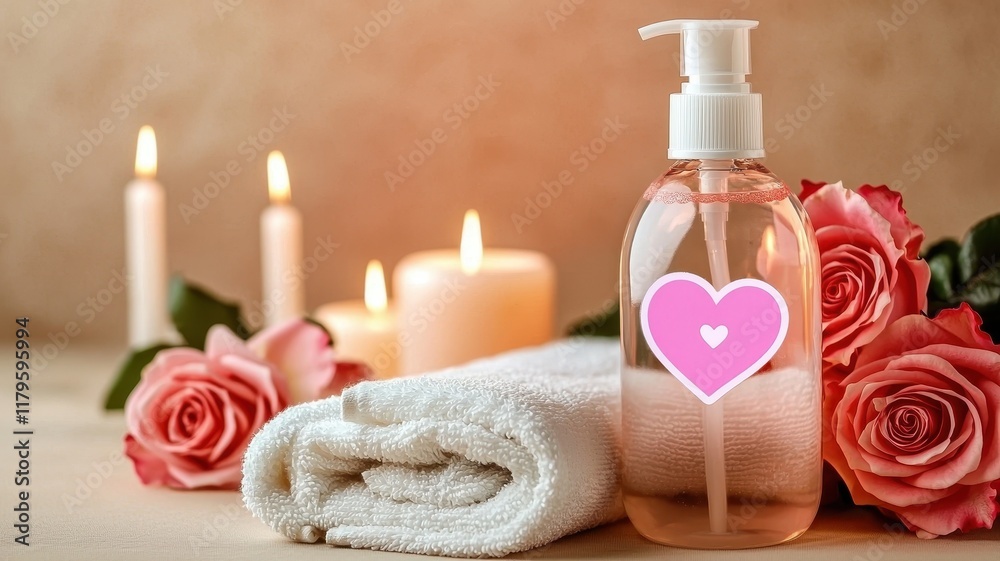 Romantic blank mockup and beauty products valentine. A serene spa scene with a lotion bottle, candles, and roses for relaxation. Romantic blank mockup and beauty products valentine. A serene spa scene with a lotion bottle, candles, and roses for relaxation.