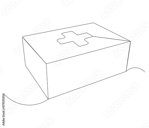 One continuous line drawing of first aid kit box. Single line of first aid kit box vector illustration