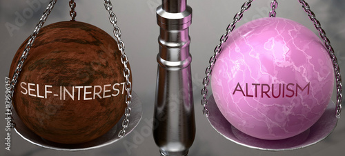 Self-Interest or Altruism - weighing two choices, available options. Choosing between self-interest or altruism. Two different course of actions. ,3d illustration