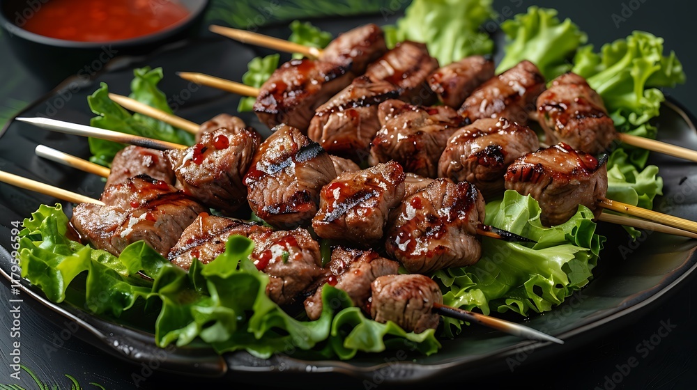 Beef skewers with lettuce and sauce on a dark backdrop Beef skewers with lettuce and sauce on a dark backdrop