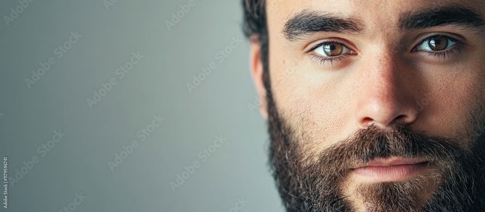 Close-up portrait of a young adult bearded man with deep brown eyes against a soft gray background featuring blank space for text Close-up portrait of a young adult bearded man with deep brown eyes against a soft gray background featuring blank space for text
