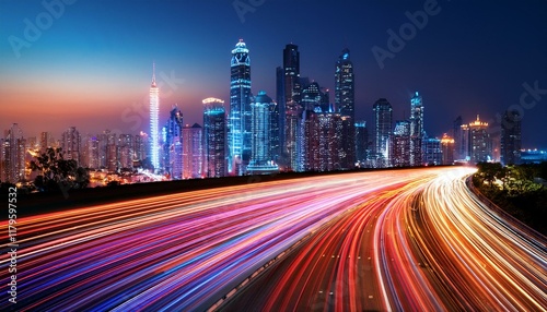 vibrant city skyline at night with colorful light trails and long exposure traffic effects