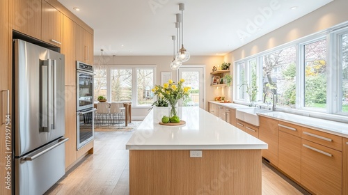 A bright modern kitchen featuring a combination of light oak cabinetry, a glossy white island, and large windows letting in natural light. A cozy dining area is adjacent.