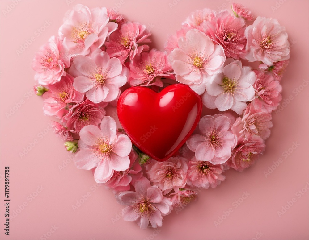 a red heart is surrounded by pink flowers on a soft pink background