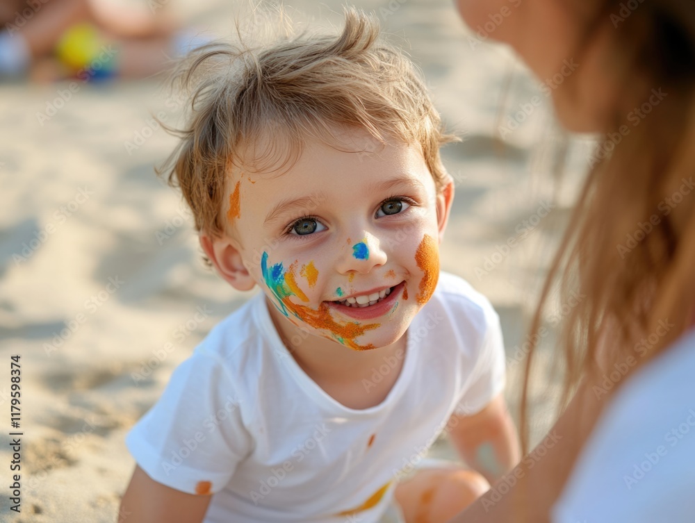 Family at the beach with mother wearing a white t-shirt and joyful toddler boy with colorful face paint smiling on sandy shore, bright sunlight. Family at the beach with mother wearing a white t-shirt and joyful toddler boy with colorful face paint smiling on sandy shore, bright sunlight.