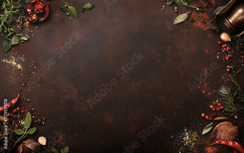 Cooking surface with herbs and spices.  Top view with copy space