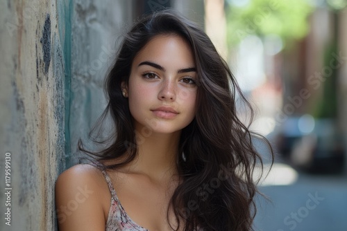 Brunette woman in urban setting of New York City, fashionably dressed with long wavy hair, exuding elegance and beauty, capturing the essence of travel and tourism. photo