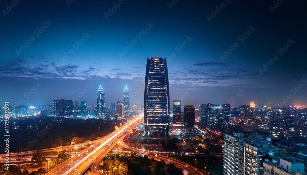 Obraz premium new delhi city skyline at night urban landscape with skyscrapers and panoramic view
