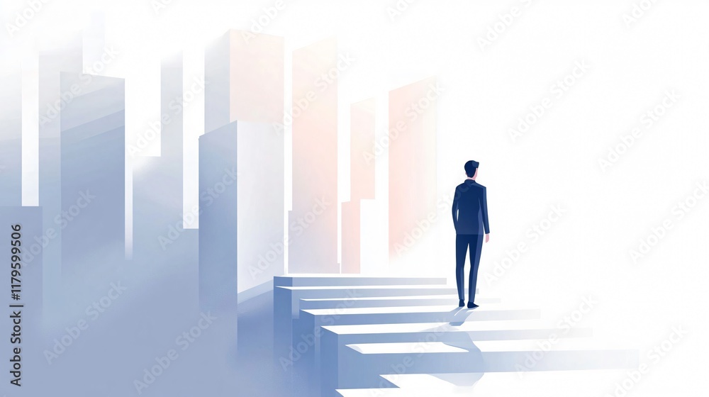 Ambitious businessman standing on steps, looking towards city skyline. Concept of career growth, future goals, and success journey. Ambitious businessman standing on steps, looking towards city skyline. Concept of career growth, future goals, and success journey.