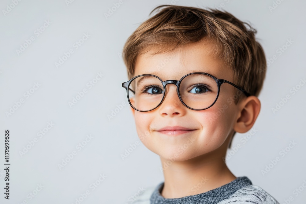 Fototapeta premium Caucasian preschool boy with adorable smile wearing glasses on light grey background promoting happy childhood and joyful education emotions