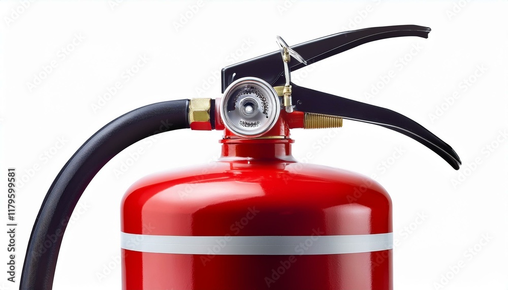 standard red fire extinguisher with hose isolated on white white background standard red fire extinguisher with hose isolated on white white background