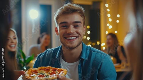 Smiling young man holding delicious pizza slice at a festive dinner party with friends in a cozy, candlelit room adorned with warm string lights photo