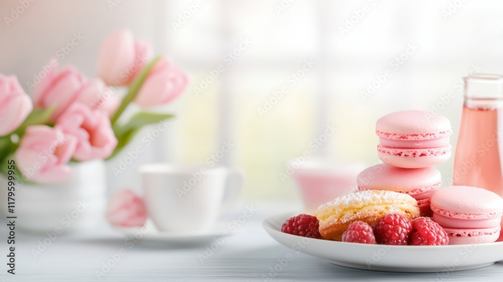 A serene setting featuring pink macarons, fresh raspberries, and a floral arrangement, perfect for a delightful afternoon tea. A serene setting featuring pink macarons, fresh raspberries, and a floral arrangement, perfect for a delightful afternoon tea.