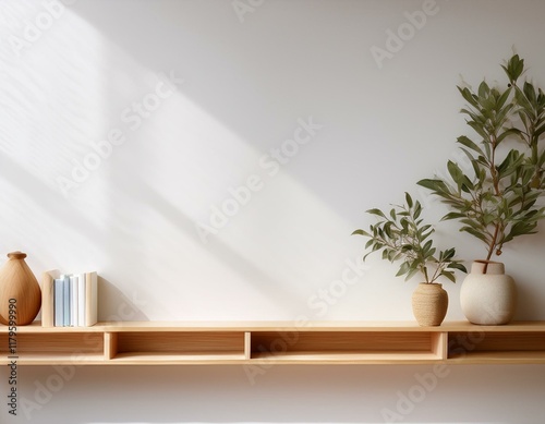 minimalist white virtual background features a beautifully crafted wooden bookshelf with empty shelves perfect for showcasing products books or decorative items photo