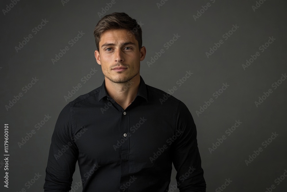 Handsome young man showcasing various emotions while wearing a fitted black shirt against a dark gray background with ample copyspace for text Handsome young man showcasing various emotions while wearing a fitted black shirt against a dark gray background with ample copyspace for text
