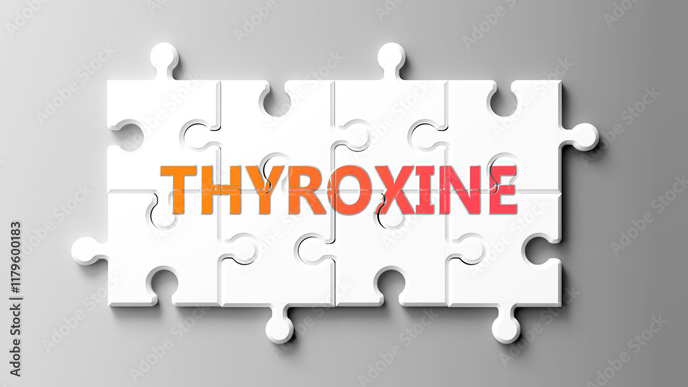 Thyroxine complex like a puzzle - pictured as word thyroxine on a puzzle pieces to show that thyroxine is complex and needs cooperating pieces that fit together. ,3d illustration Thyroxine complex like a puzzle - pictured as word thyroxine on a puzzle pieces to show that thyroxine is complex and needs cooperating pieces that fit together. ,3d illustration