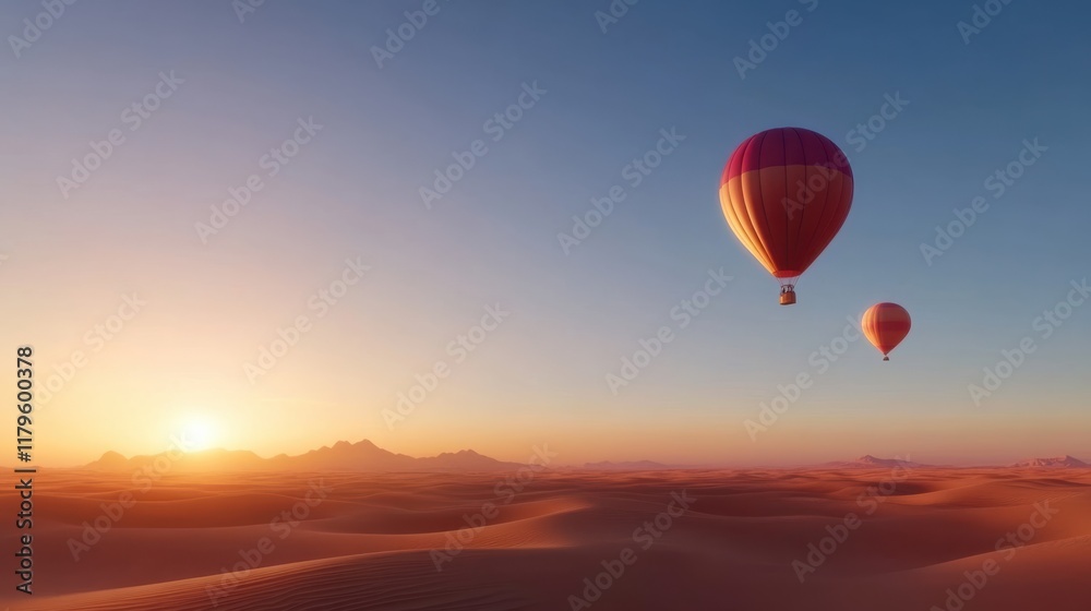 Two vibrant hot air balloons soar above a vast desert landscape at sunset, creating a serene and picturesque scene of adventure and tranquility. Two vibrant hot air balloons soar above a vast desert landscape at sunset, creating a serene and picturesque scene of adventure and tranquility.