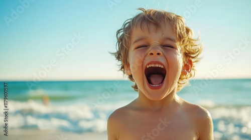 Joyful child shouting with exuberance on sunny beach in Emilia Romagna Italy showcasing summer vacation spirit with ocean waves and bright sky. photo